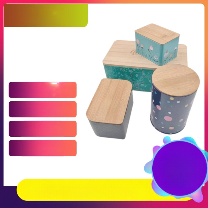 Τετράγωνο μεταλλικό βάζο αποθήκευσης με καπάκι από μπαμπού – σφραγιζόμενο, για γλυκίσματα, καφέ και τσάι, από λαμαρίνα, με παραμετροποίηση