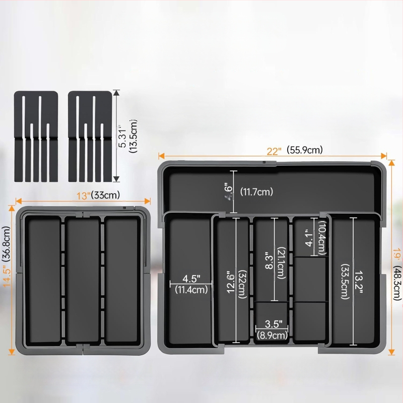 Izvelkams virtuves ēdienu piederumu organizators atvilktnei — iebūvēts, vienkāršs un mūsdienīgs stils, modelis 8045, PP/ABS