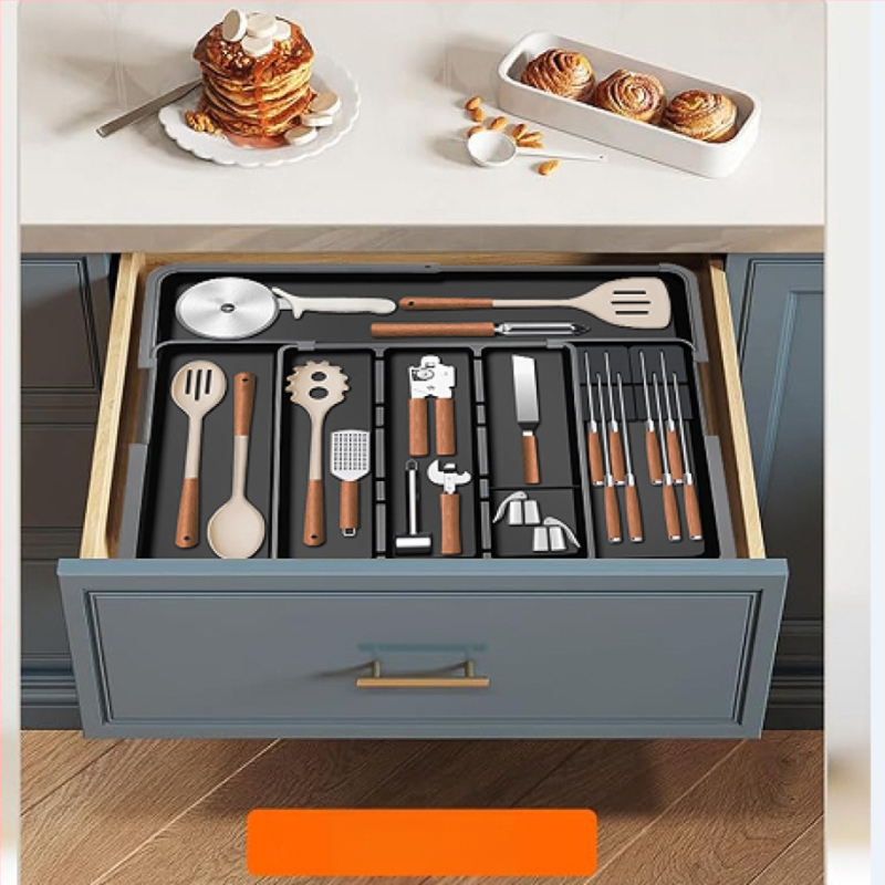 Izvelkams virtuves ēdienu piederumu organizators atvilktnei — iebūvēts, vienkāršs un mūsdienīgs stils, modelis 8045, PP/ABS