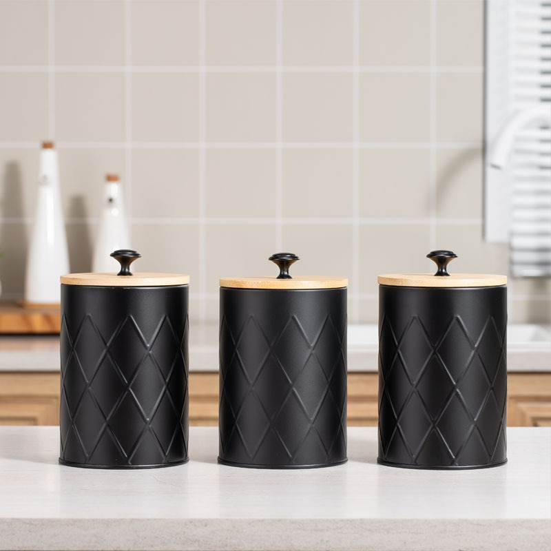 Κυκλική μεταλλική δεξαμενή αποθήκευσης από ατσάλι άνθρακα με καπάκι από μπαμπού, αεροστεγές, για κόκκους καφέ, τσάι και δημητριακά, χωρητικότητα 1–2 L