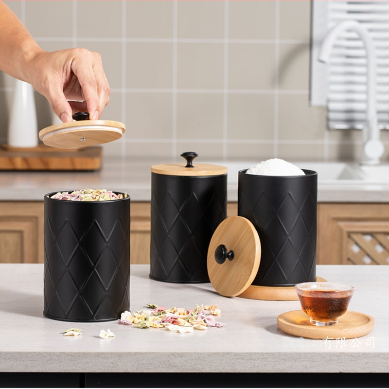 Κυκλική μεταλλική δεξαμενή αποθήκευσης από ατσάλι άνθρακα με καπάκι από μπαμπού, αεροστεγές, για κόκκους καφέ, τσάι και δημητριακά, χωρητικότητα 1–2 L