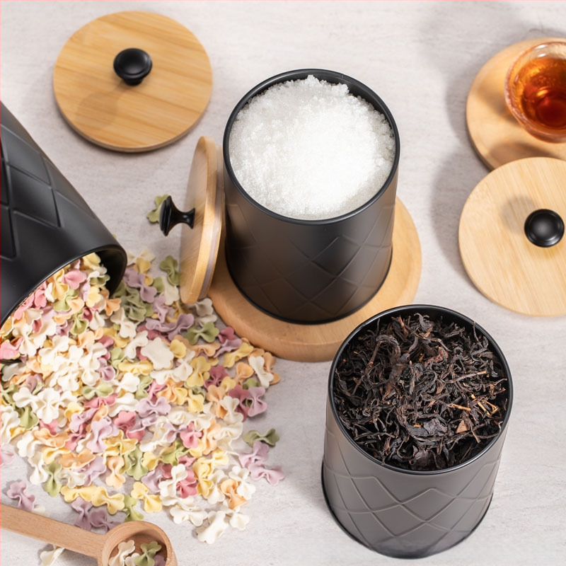 Κυκλική μεταλλική δεξαμενή αποθήκευσης από ατσάλι άνθρακα με καπάκι από μπαμπού, αεροστεγές, για κόκκους καφέ, τσάι και δημητριακά, χωρητικότητα 1–2 L