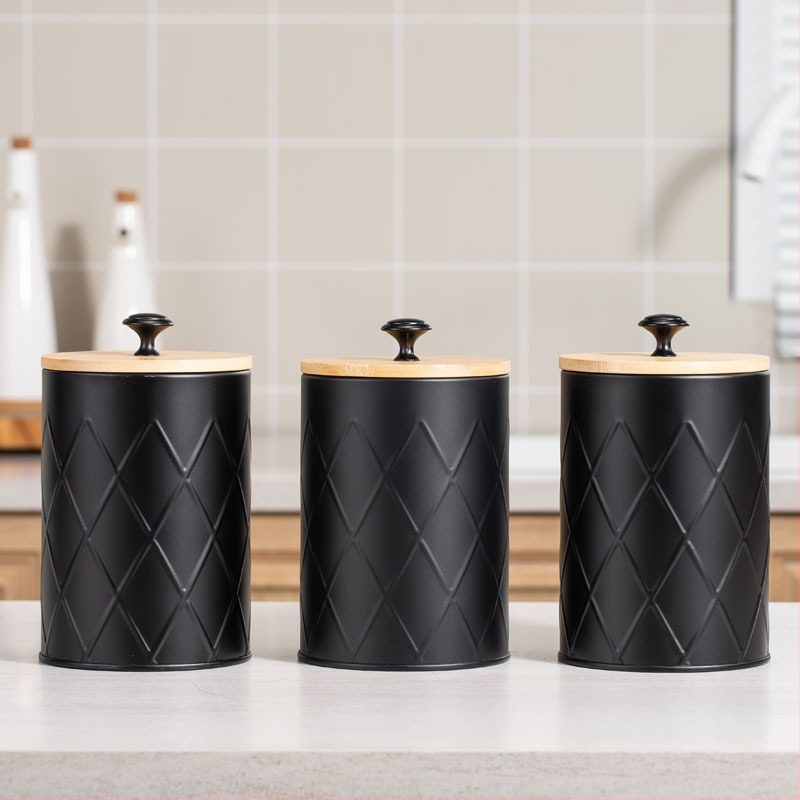 Κυκλική μεταλλική δεξαμενή αποθήκευσης από ατσάλι άνθρακα με καπάκι από μπαμπού, αεροστεγές, για κόκκους καφέ, τσάι και δημητριακά, χωρητικότητα 1–2 L