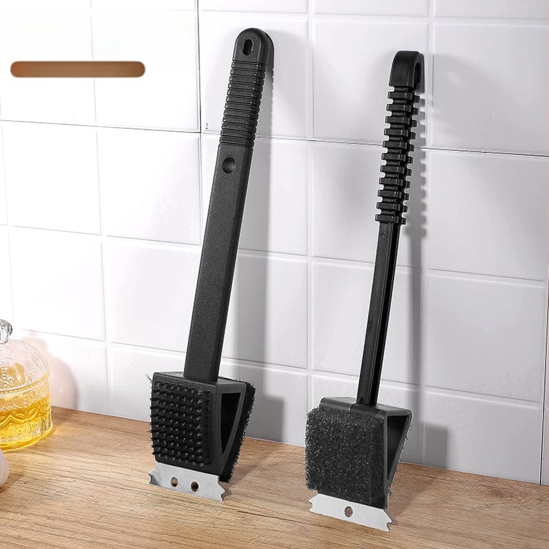 Grilio valymo šepetys su plieninių siūlų šereliais, kempine, dvipusė šepetė, tris viename su ilga rankena ir skraptuku – Four Seasons