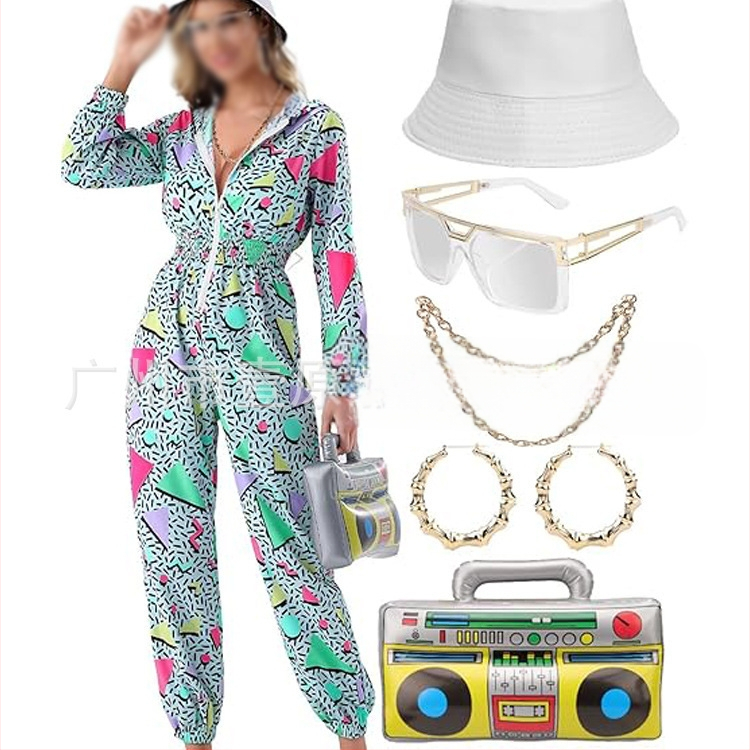 Sieviešu jumpsuit ar elastīgu jostu, garām piedurknēm, poliesteris, hipiju retro apdruka, pavasaris 2025