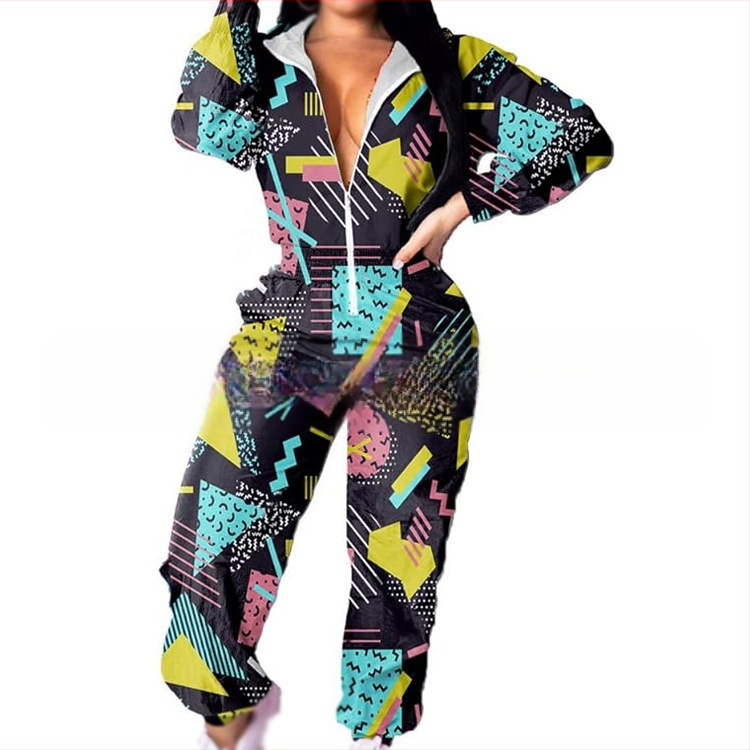 Sieviešu jumpsuit ar elastīgu jostu, garām piedurknēm, poliesteris, hipiju retro apdruka, pavasaris 2025