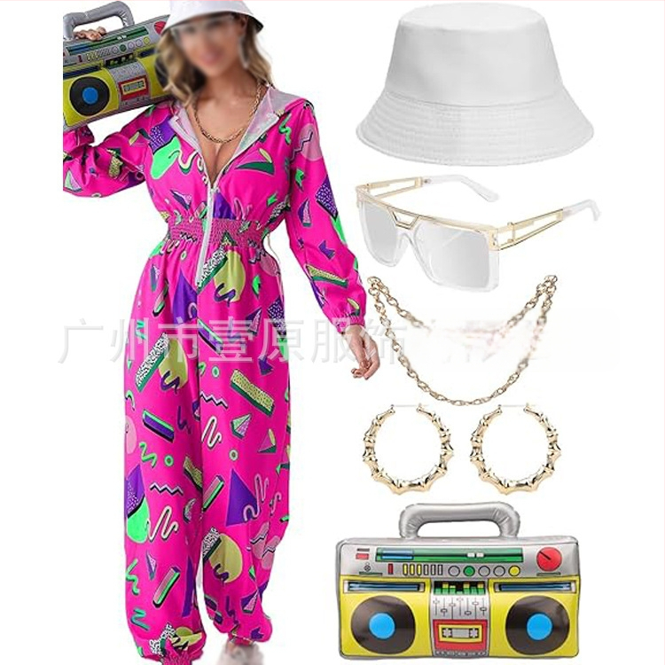 Sieviešu jumpsuit ar elastīgu jostu, garām piedurknēm, poliesteris, hipiju retro apdruka, pavasaris 2025