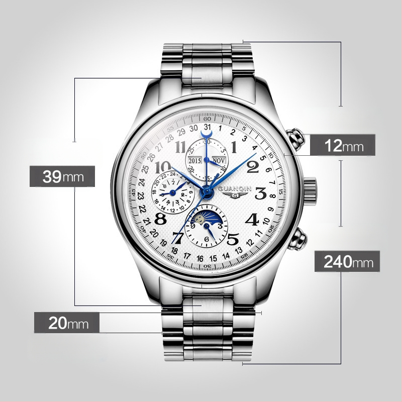 Guanqin E58 Meeste käekell – Täisautomaatsionaalne mehaaniline, Roostevabast terasest korpus ja rihm, Safiirist kristall, Kalendaar, Ümmargune näidik, veekindel, mudel GJ16011