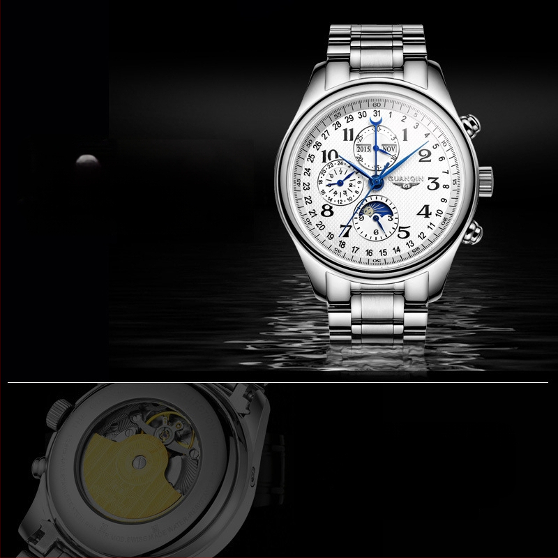 Guanqin E58 Meeste käekell – Täisautomaatsionaalne mehaaniline, Roostevabast terasest korpus ja rihm, Safiirist kristall, Kalendaar, Ümmargune näidik, veekindel, mudel GJ16011