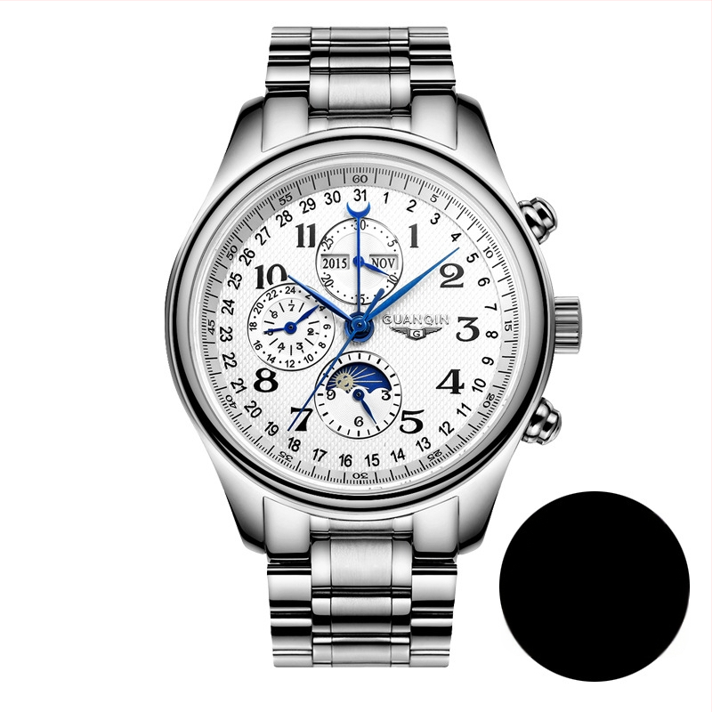 Guanqin E58 Meeste käekell – Täisautomaatsionaalne mehaaniline, Roostevabast terasest korpus ja rihm, Safiirist kristall, Kalendaar, Ümmargune näidik, veekindel, mudel GJ16011