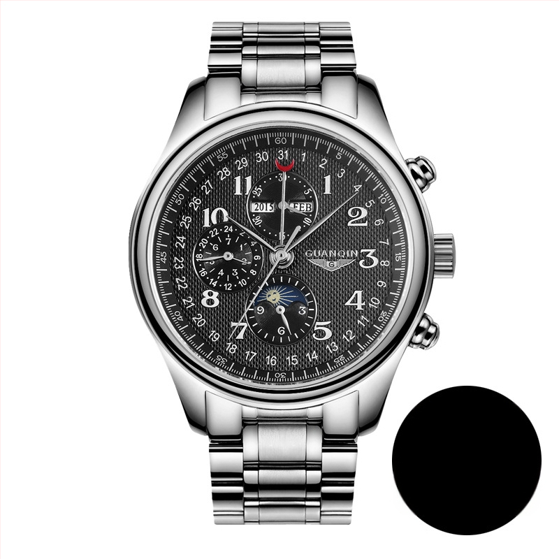 Guanqin E58 Meeste käekell – Täisautomaatsionaalne mehaaniline, Roostevabast terasest korpus ja rihm, Safiirist kristall, Kalendaar, Ümmargune näidik, veekindel, mudel GJ16011