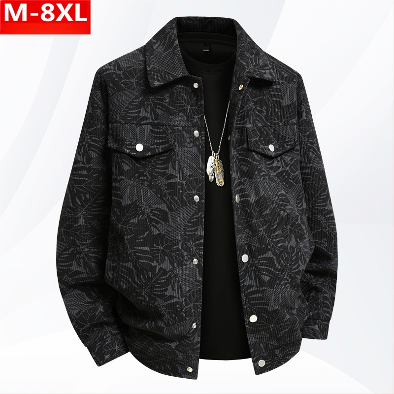 Muška corduroy jakna s printom, širok kroj, rever, dugi rukavi, Plus Size, proljetno-jesenska casual jakna, stil inspiriran Hong Kongom