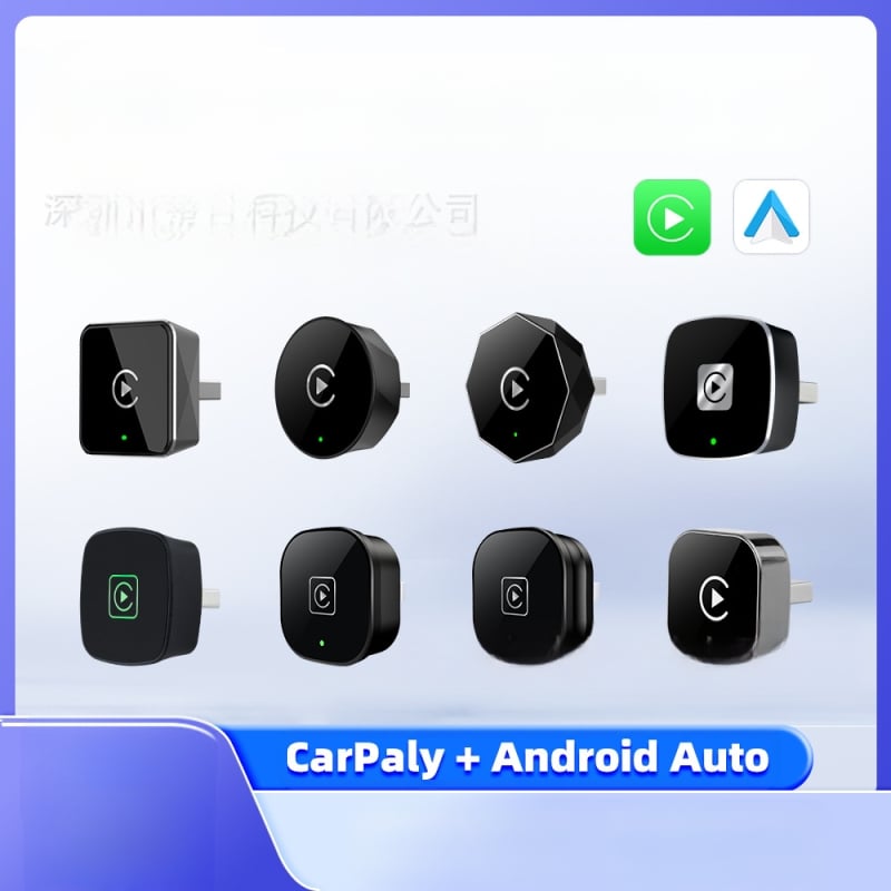 EC14 CarPlay belaidis adapteris su aliuminio lydinio korpusu ir akrilo veidrodžiu, USB jungtis, sveria 40 g, tinka automobiliams su laidiniu CarPlay arba laidiniu Android Auto.