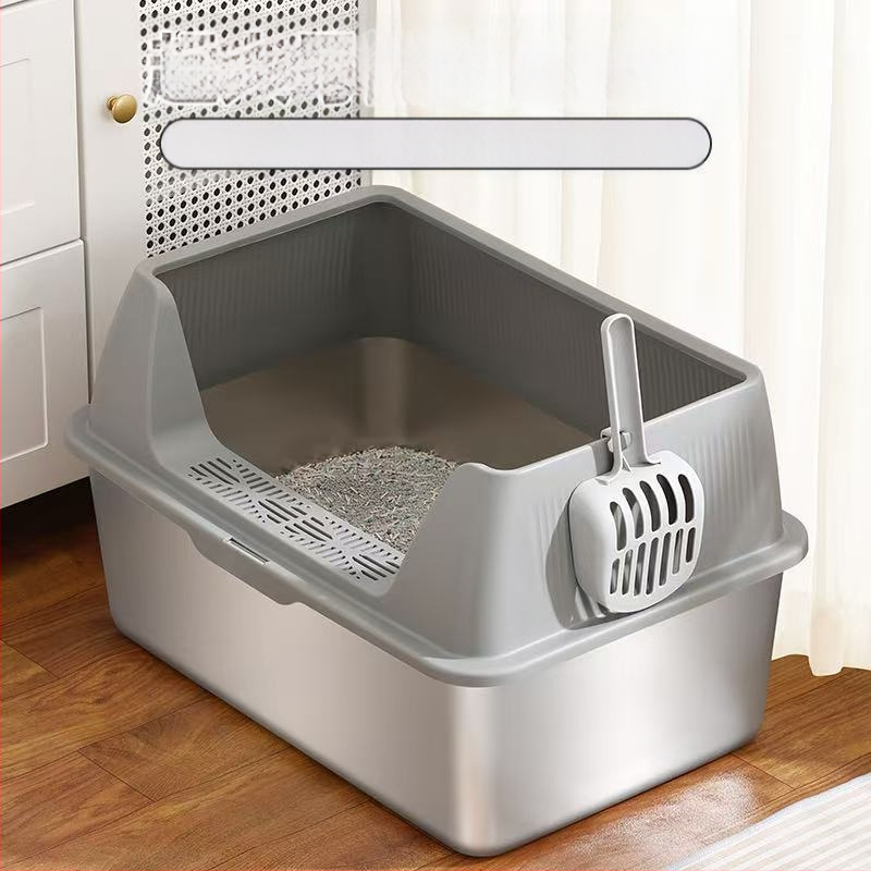 Rozsdamentes acél macskaalomtál, kétszintes kialakítás, fröccsenés elleni, fedéllel, több macskának