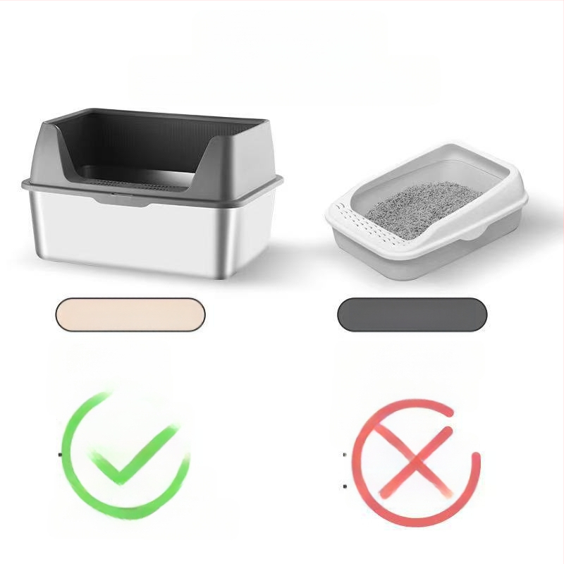 Rozsdamentes acél macskaalomtál, kétszintes kialakítás, fröccsenés elleni, fedéllel, több macskának