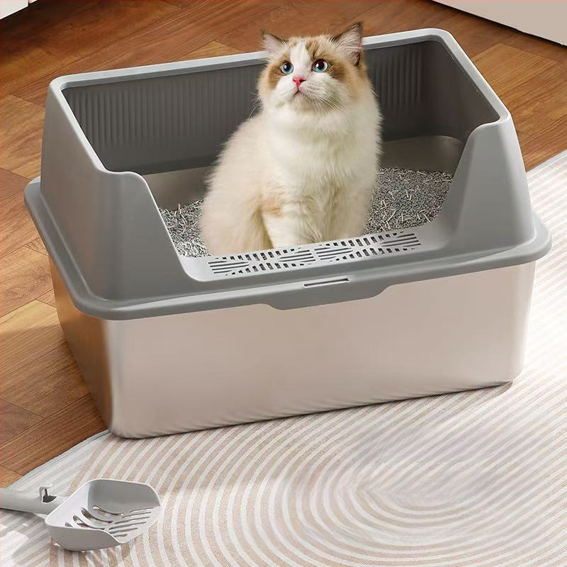 Rozsdamentes acél macskaalomtál, kétszintes kialakítás, fröccsenés elleni, fedéllel, több macskának