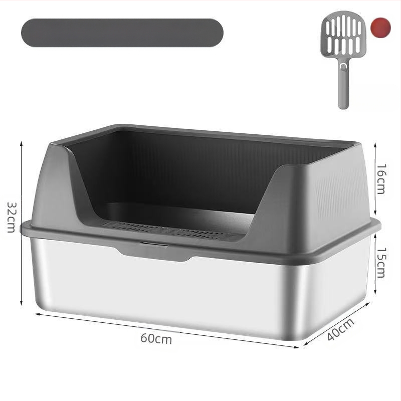 Rozsdamentes acél macskaalomtál, kétszintes kialakítás, fröccsenés elleni, fedéllel, több macskának