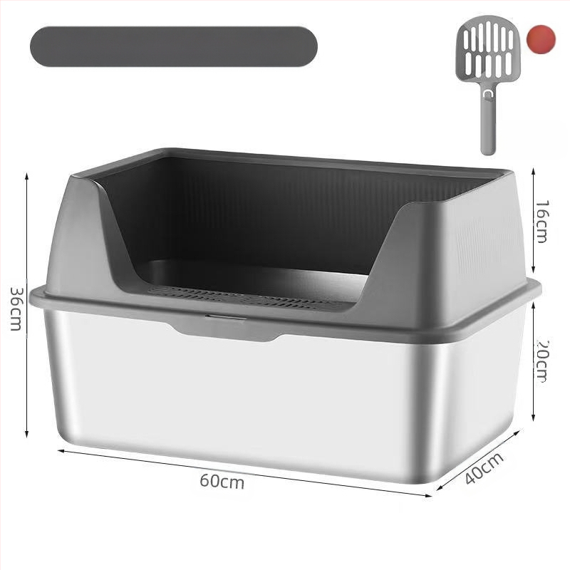 Rozsdamentes acél macskaalomtál, kétszintes kialakítás, fröccsenés elleni, fedéllel, több macskának