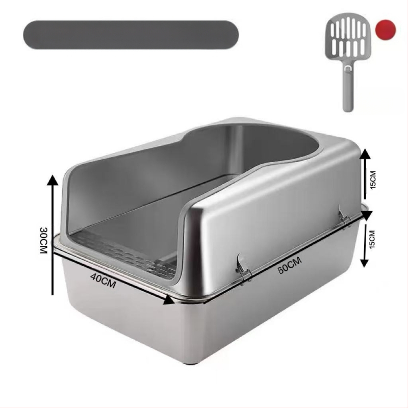 Rozsdamentes acél macskaalomtál, kétszintes kialakítás, fröccsenés elleni, fedéllel, több macskának