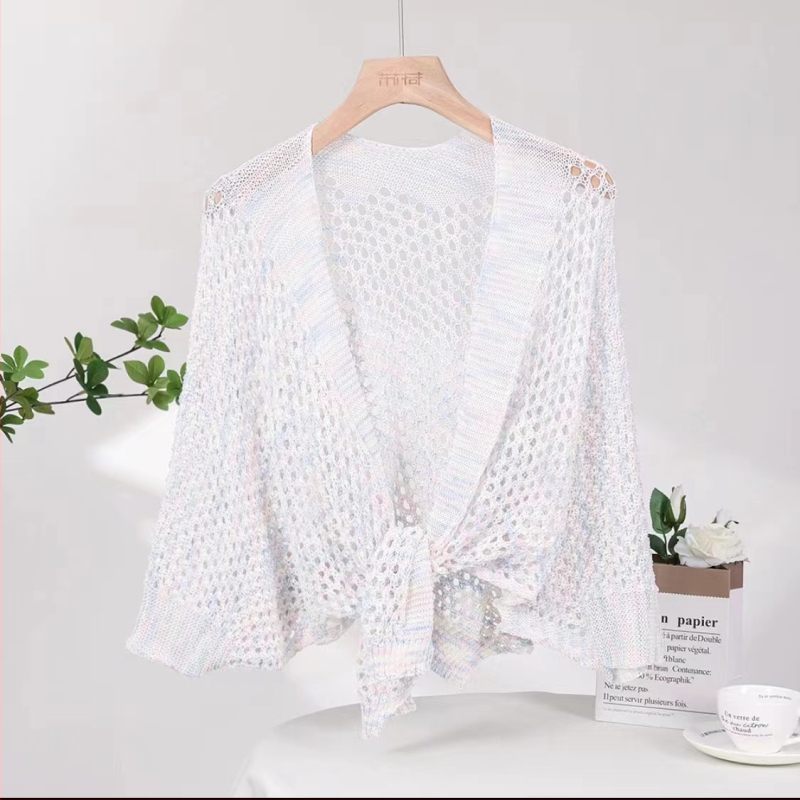 Moteriškas imitacinio ledinio šilko šalikėlis-kardiganas, lengvas vasaros ir rudens išorinis drabužis, warp mezgimas, tinklelio raštas, dekoratyvus tie-dye paviršius