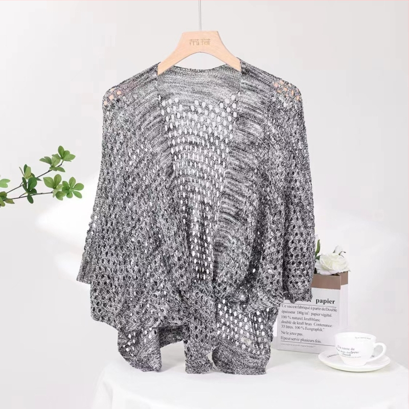 Moteriškas imitacinio ledinio šilko šalikėlis-kardiganas, lengvas vasaros ir rudens išorinis drabužis, warp mezgimas, tinklelio raštas, dekoratyvus tie-dye paviršius