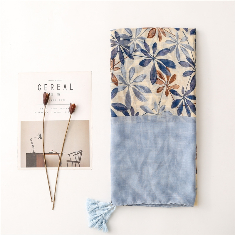 Gėlių rašto šalikas iš medvilnės-lino-silko mišinio, paprasta audinio, ilga silueta, tinka visoms sezono laikams