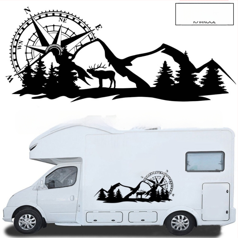 Automašīnas korpusa pašlīmējošā uzlīme ar kalnu motīvu un kompasu dizainu, PVC materiāls, piemērota durvīm un sānu paneļiem RV un bezceļu transportlīdzekļiem