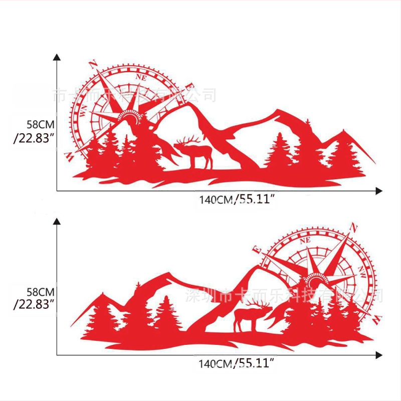 Automašīnas korpusa pašlīmējošā uzlīme ar kalnu motīvu un kompasu dizainu, PVC materiāls, piemērota durvīm un sānu paneļiem RV un bezceļu transportlīdzekļiem