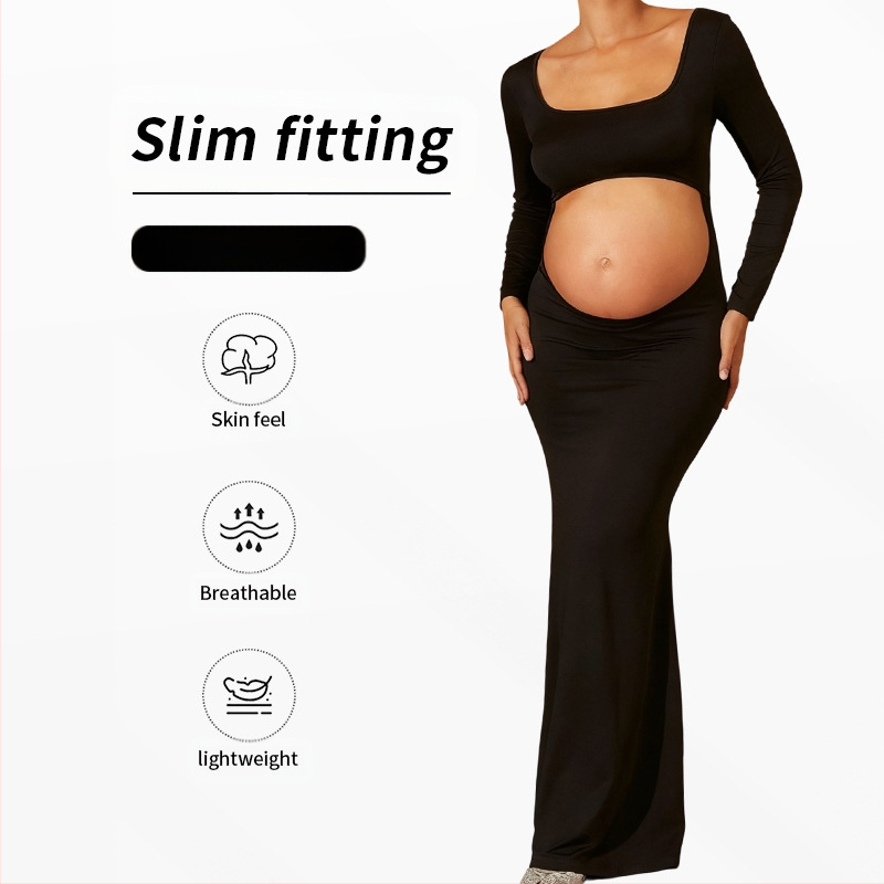 Рокля с квадратно деколте, дълги ръкави, пола с рибена опашка, полиестер (90-95%) с спандекс (<=30%)