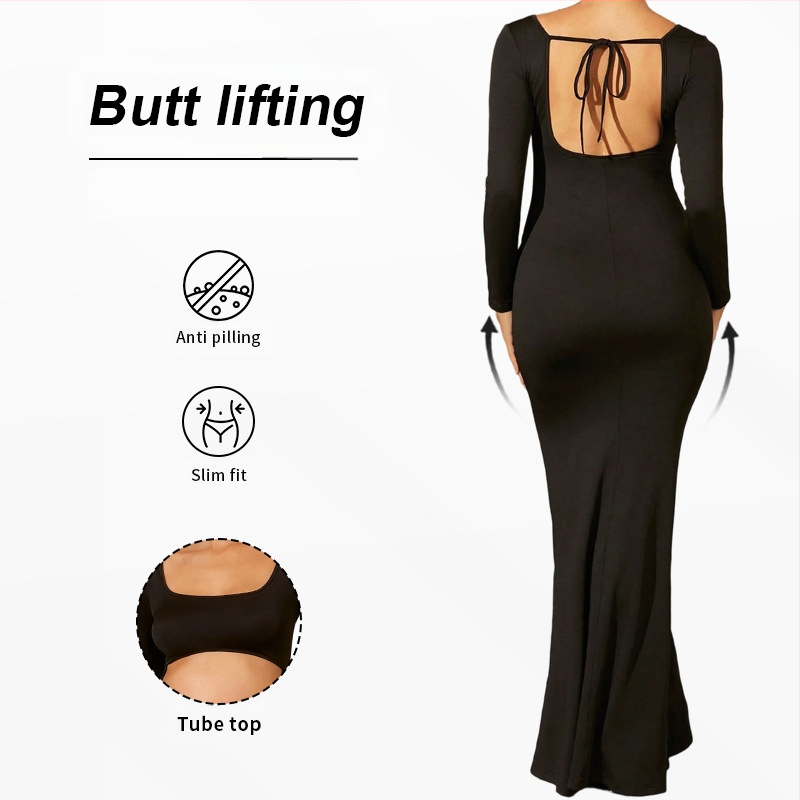 Рокля с квадратно деколте, дълги ръкави, пола с рибена опашка, полиестер (90-95%) с спандекс (<=30%)