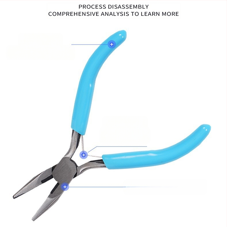 Ékszerfogó készlet testreszabható kivitelben: tűhegyű fogók, diagonális orrú fogók és környező orrú fogók; 45# acél, DIP műanyag fogantyú, antimagnetikus, 500 g