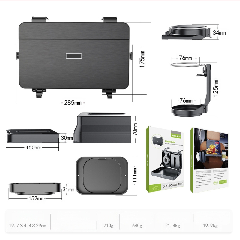 Universal αυτοκίνητο πίσω κάθισμα τραπέζι – Πολυλειτουργικός δίσκος με θήκη χαρτομάντηλων, θήκη για ποτήρι και πιάτο φαγητού, πλαστικό, αναδιπλούμενος και αποσπώμενος