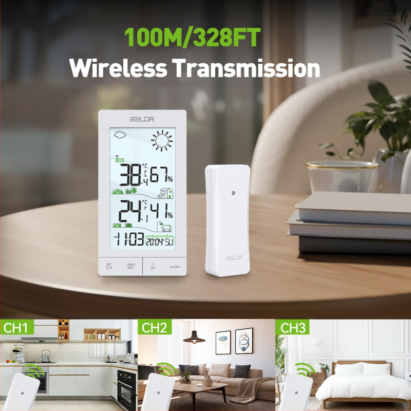 Baldr stație meteorologică wireless cu ecran tactil, pentru interior și exterior, ecran mare, ceas cu radio-control și iluminare de fundal; măsoară temperatura și umiditatea cu precizie ±1°C/±1% RH; alimentare cu 3×AAA.