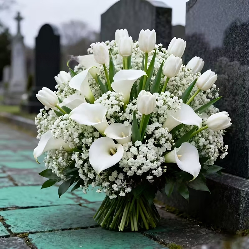 Bene 99 buchet artificial exterior pentru cimitir, 32 bucăți, cu tuberoză, Calla Lily și Gypsophila — materiale: plastic și PU, flocking, injection molding