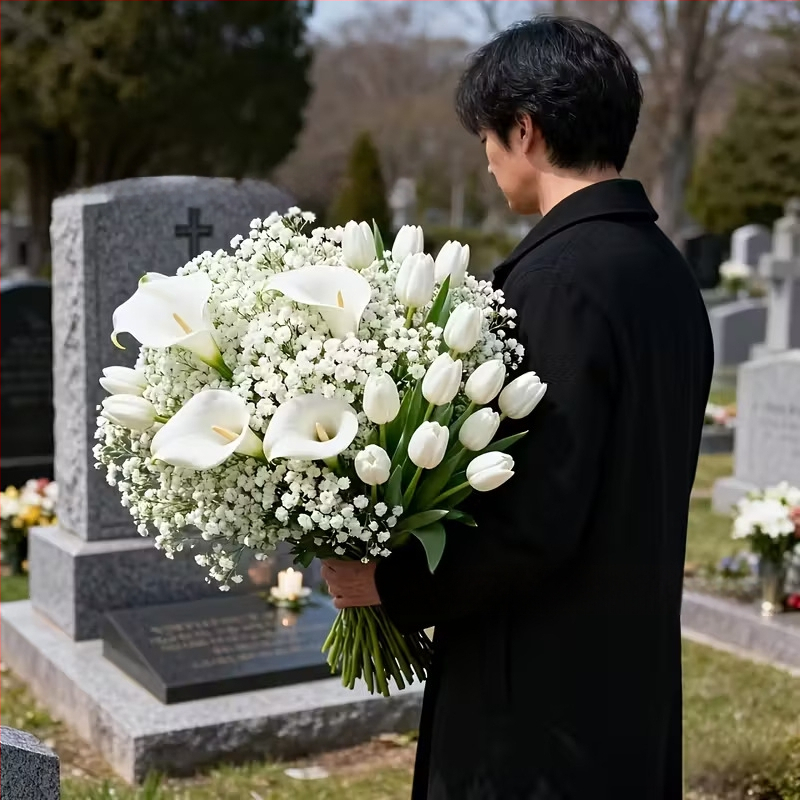 Bene 99 buchet artificial exterior pentru cimitir, 32 bucăți, cu tuberoză, Calla Lily și Gypsophila — materiale: plastic și PU, flocking, injection molding