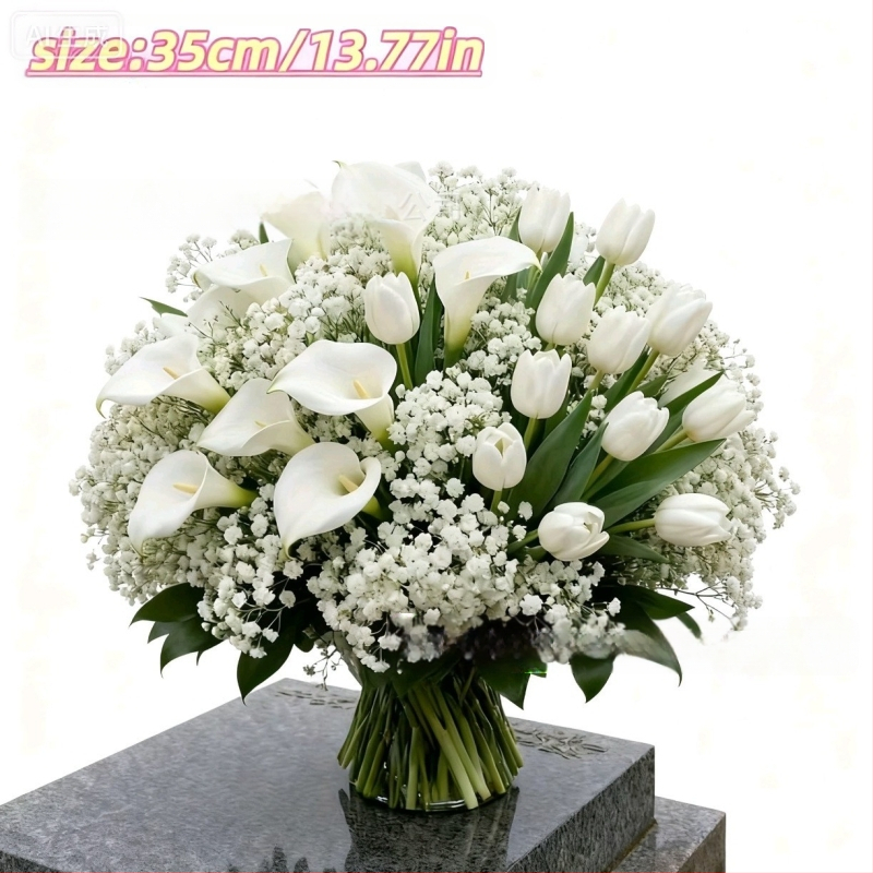 Bene 99 buchet artificial exterior pentru cimitir, 32 bucăți, cu tuberoză, Calla Lily și Gypsophila — materiale: plastic și PU, flocking, injection molding