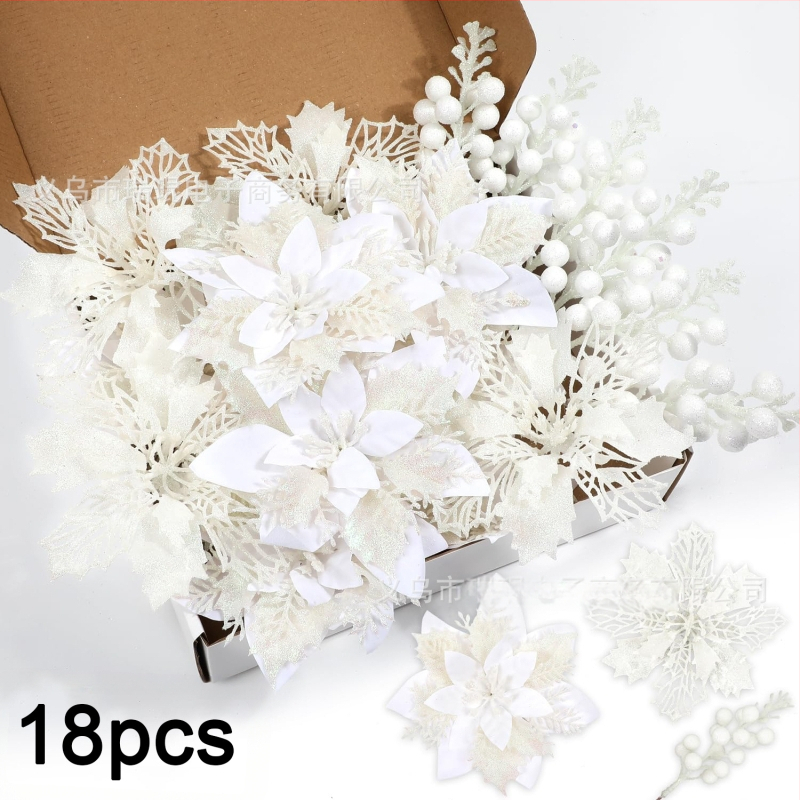 18 db karácsonyi fa dísz, 3D kétszintes virágok, műanyag