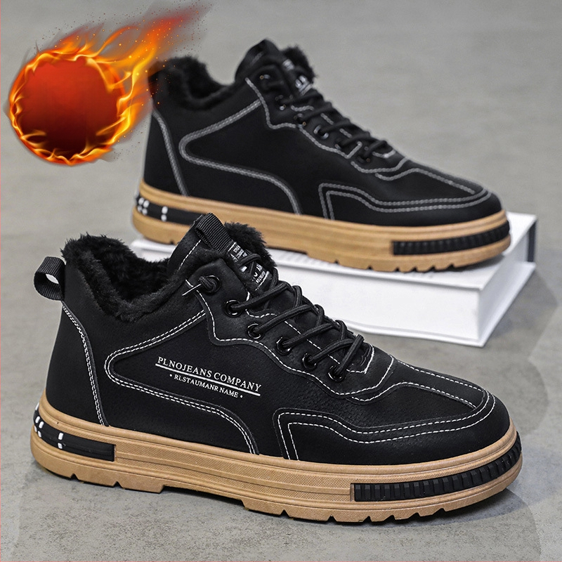 Ανδρικά χειμερινά παπούτια εργασίας από τεχνητό δέρμα, επένδυση φλίς, σόλα καουτσούκ, παχιά σόλα, δέσιμο με κορδόνια