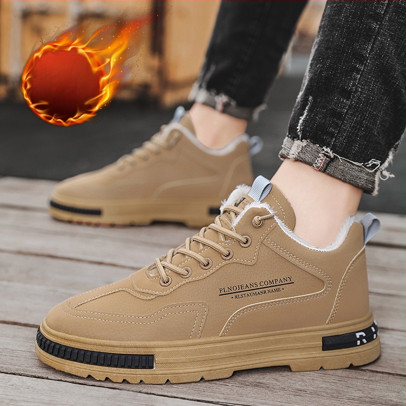 Ανδρικά χειμερινά παπούτια εργασίας από τεχνητό δέρμα, επένδυση φλίς, σόλα καουτσούκ, παχιά σόλα, δέσιμο με κορδόνια