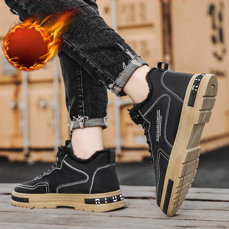 Ανδρικά χειμερινά παπούτια εργασίας από τεχνητό δέρμα, επένδυση φλίς, σόλα καουτσούκ, παχιά σόλα, δέσιμο με κορδόνια