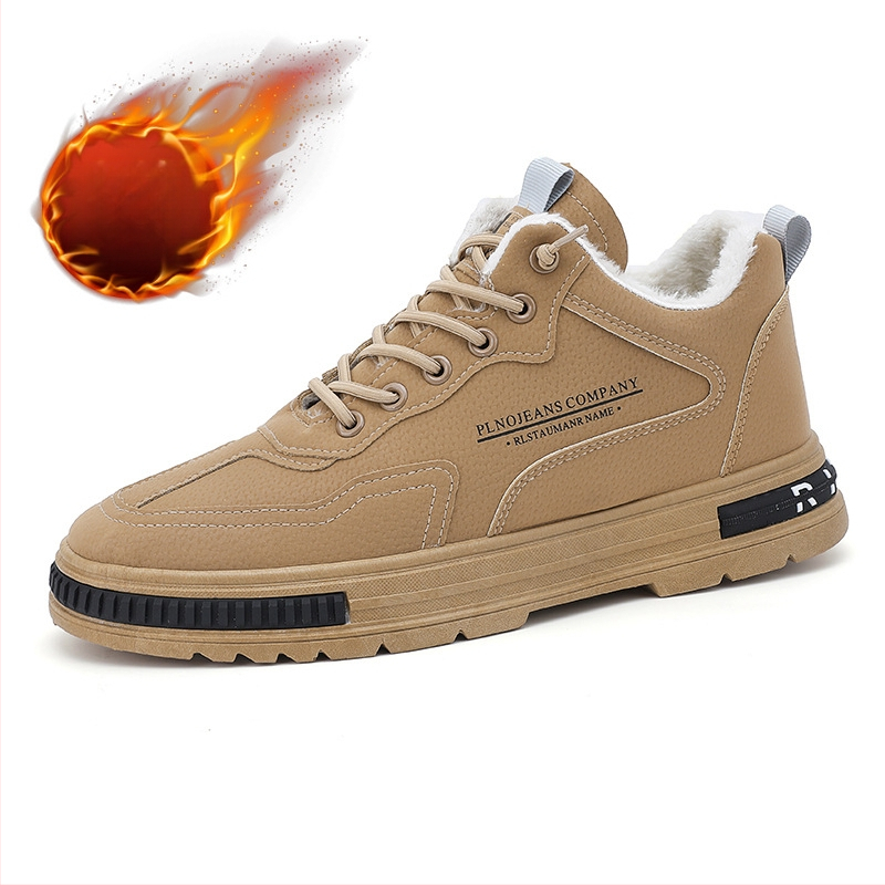Ανδρικά χειμερινά παπούτια εργασίας από τεχνητό δέρμα, επένδυση φλίς, σόλα καουτσούκ, παχιά σόλα, δέσιμο με κορδόνια