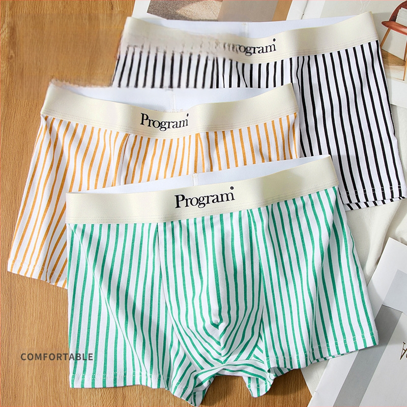 Boxeri bărbați din tricot de bumbac, talie medie, model dungat, respirabili, uscare rapidă