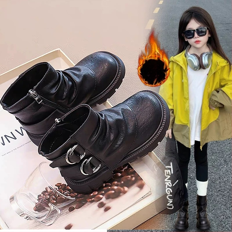 Μποτάκια μόδας για κορίτσια, δέρμα μικροϊνών, μέσο μήκος μέχρι τη γάμπα, σόλα από καουτσούκ, πλαϊνό φερμουάρ