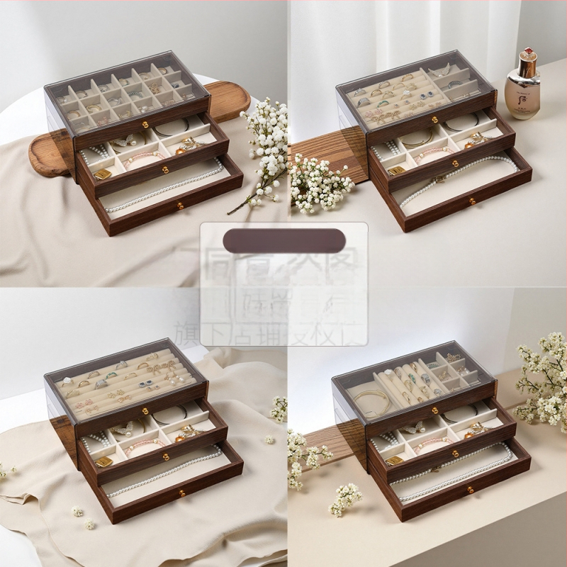 Diófából készült háromrétegű ékszerdoboz koreai stílusban, minimalist csíkos mintával