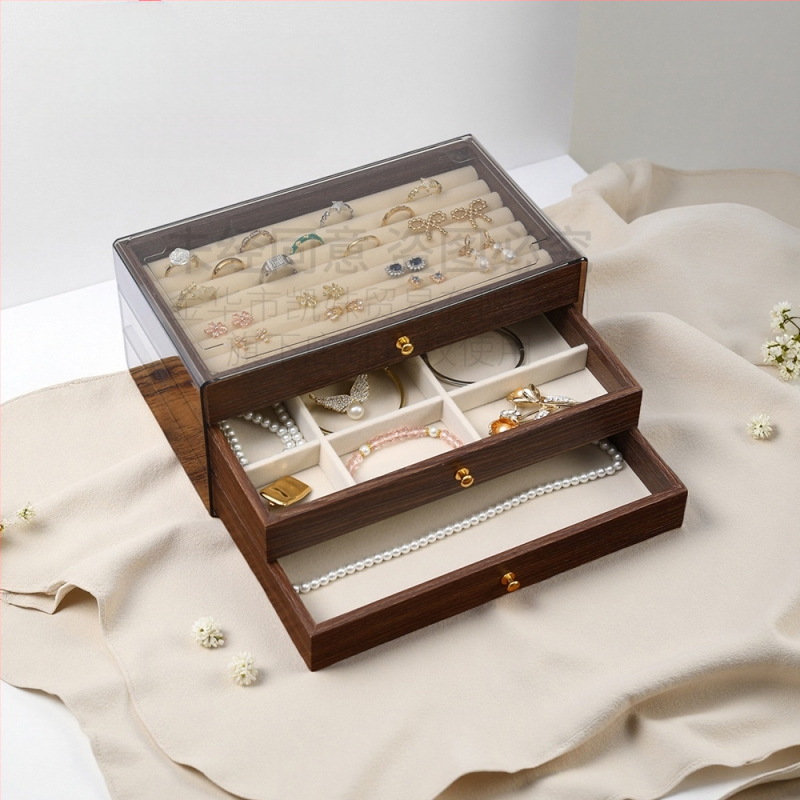 Diófából készült háromrétegű ékszerdoboz koreai stílusban, minimalist csíkos mintával