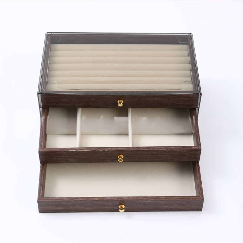 Diófából készült háromrétegű ékszerdoboz koreai stílusban, minimalist csíkos mintával