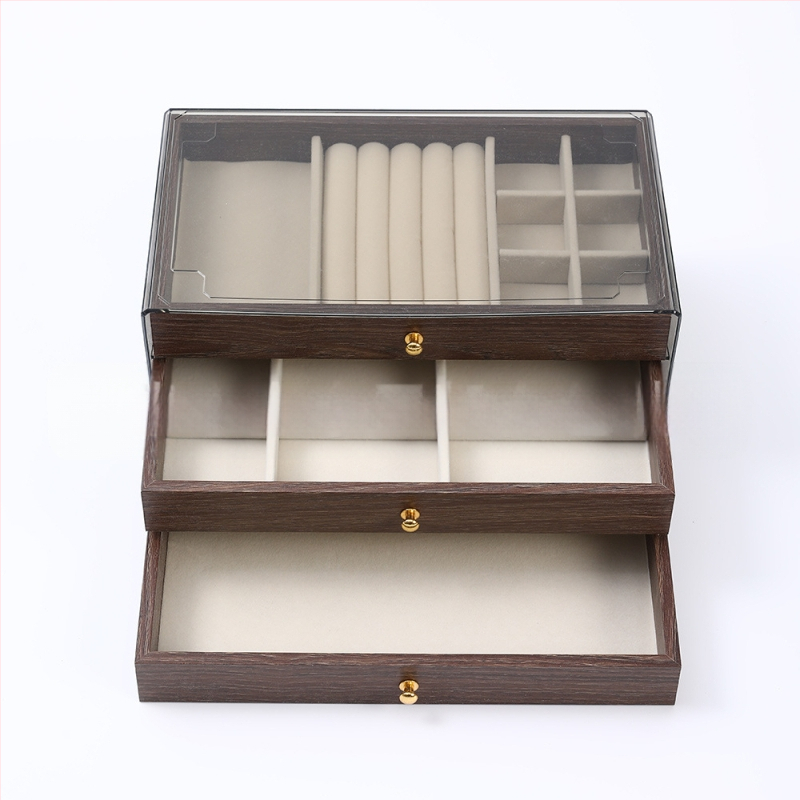 Diófából készült háromrétegű ékszerdoboz koreai stílusban, minimalist csíkos mintával