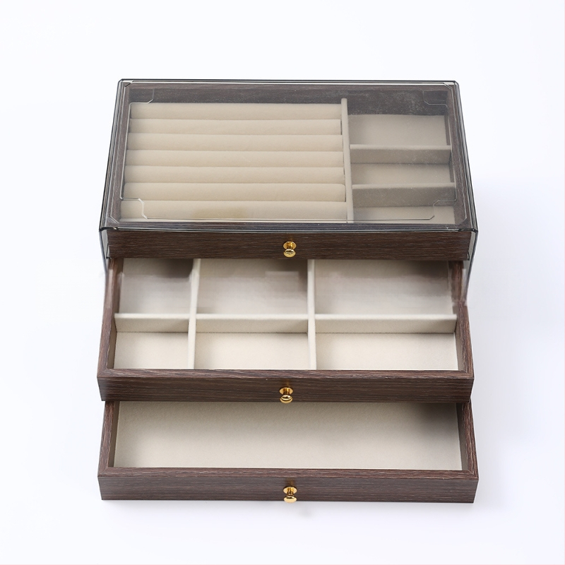 Diófából készült háromrétegű ékszerdoboz koreai stílusban, minimalist csíkos mintával