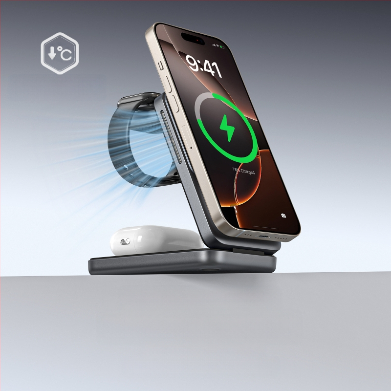 S29 3-σε-1 αναδιπλώμενος φορητός ασύρματος φορτιστής για κινητό με μαγνητική βάση γραφείου, QC3.0 γρήγορη φόρτιση, έως 15W