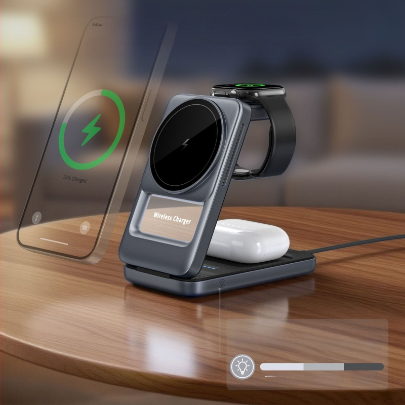 S29 3-σε-1 αναδιπλώμενος φορητός ασύρματος φορτιστής για κινητό με μαγνητική βάση γραφείου, QC3.0 γρήγορη φόρτιση, έως 15W